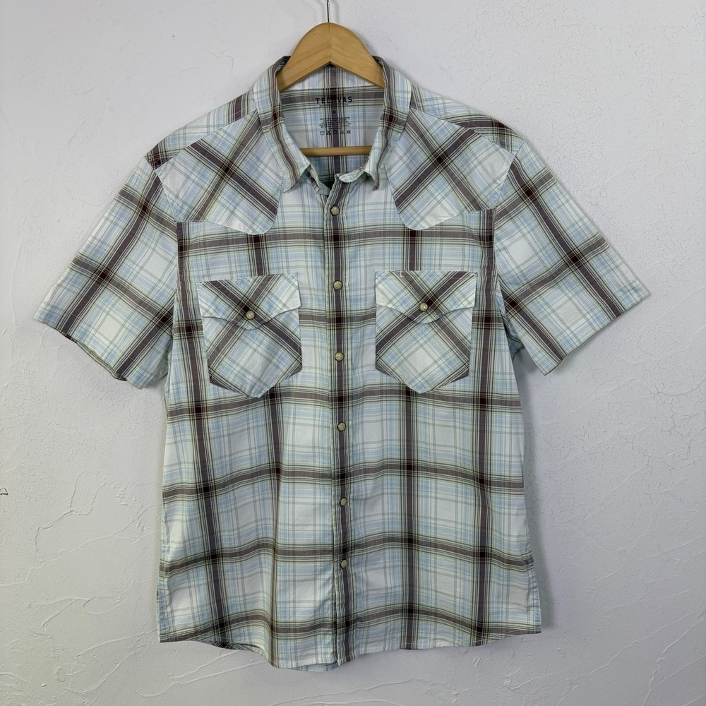 Tecovas Western Shirt Mens Medium Blue Plaid Pearl Snap Short Sleeve Cowboy